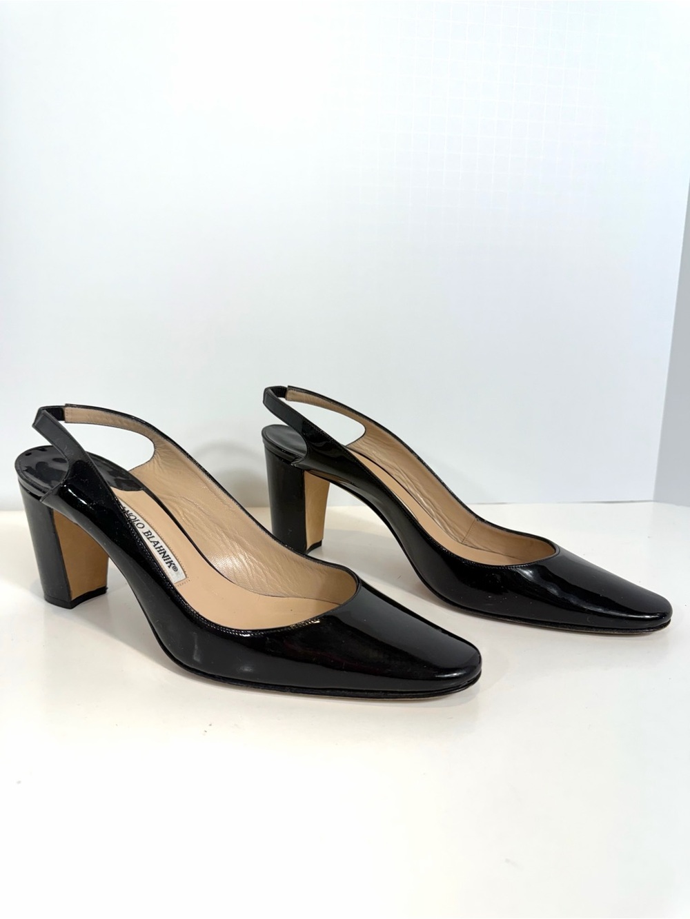 Manolo Blahnik Vintage Black Patent Leather Square Round Toe Slingback Heels 39